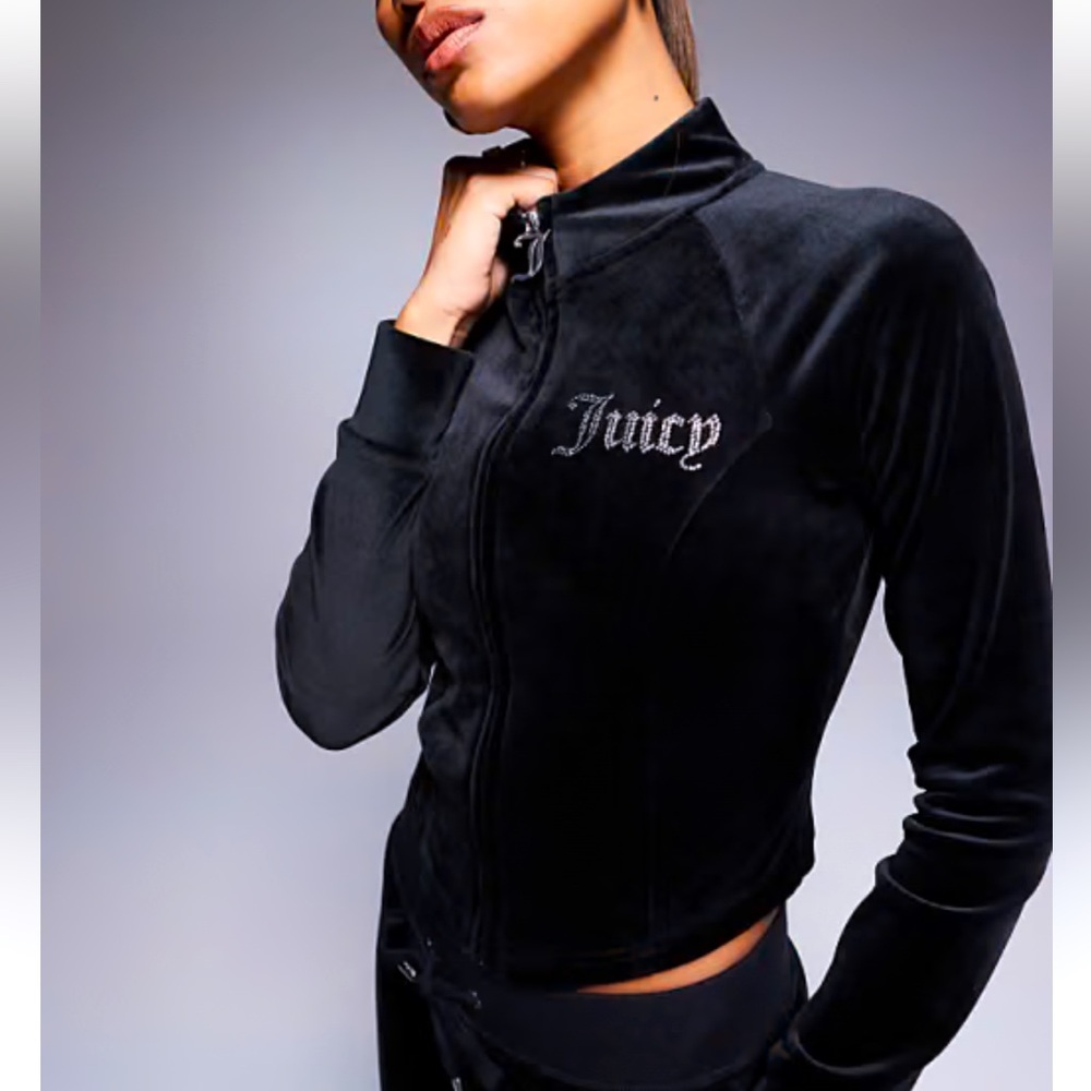 Juicy Couture Women's Black Velour Bling Logo Track Jacket New